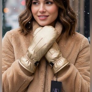 HSO Metallic Gold Leather Winter Mittens | Elastic Wrist | NWT